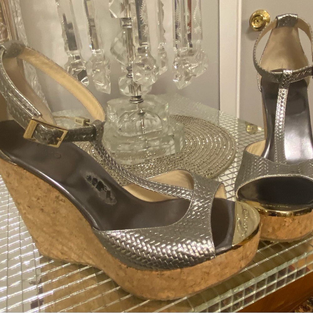 Jimmy Choo Pela Silver T-Strap Cork Platform Wedge Sandal Size 41 - Picture 9 of 16
